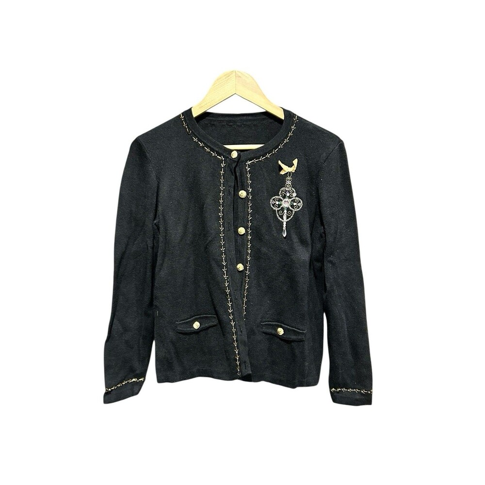 Designer Originals Vintage Black Cardigan Sweater Embellished Bling Size Small